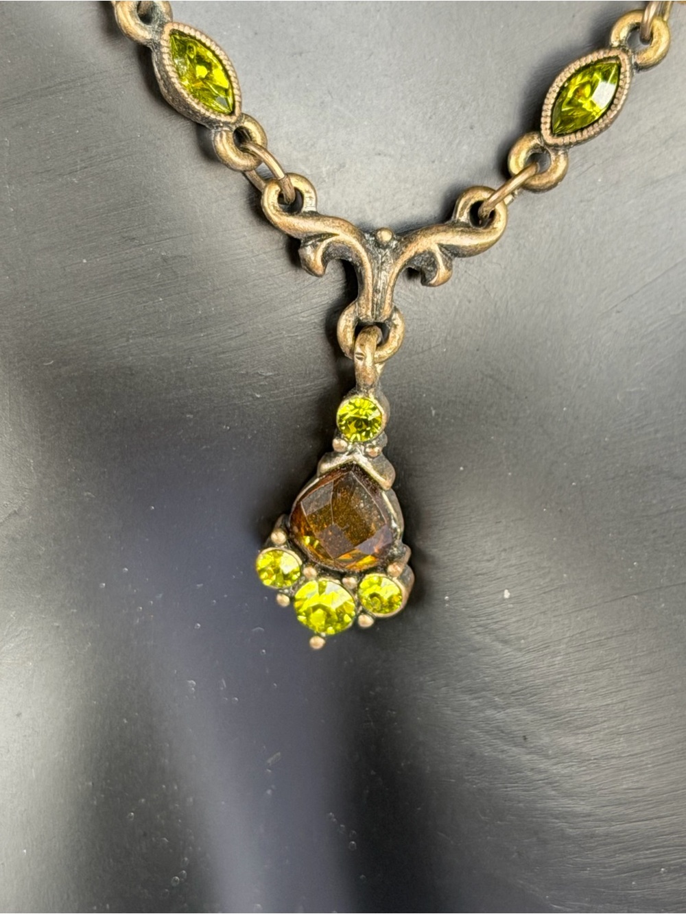 1928 Jewelry Green Rhinestone & Amber Tone Teardrop Necklace